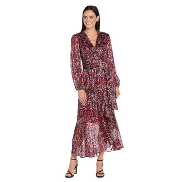 Imagem de R&M Richards Vestido feminino estampado metálico | Vestido midi com decote em V e manga comprida com babados e detalhe de fivela na cintura, Baga, 38