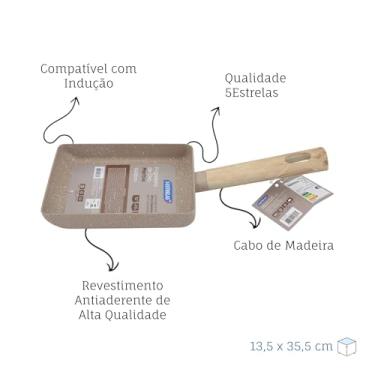 Imagem de Frigideira Quadrada para Ovo e Tapioca, Antiaderente Marble (Mármore), 13x18cm, com 4 Seções e Cabo de Madeira, Ideal para Café da Manhã e Panquecas