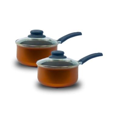 Imagem de Conjunto de Panelas Antiaderentes Teflon 16 e 18 com Tampa de Vidro Panelas Duráveis para Cozinha (Bronze)