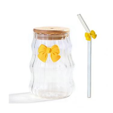 Imagem de 1 peça, 507 g, copos de vidro estilo princesa, vidro de borossilicato alto com tampa e canudo, seguro para micro-ondas, reutilizável para smoothies de café, suco de chá gelado, laço rosa em forma de