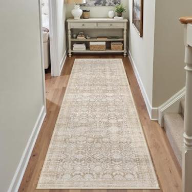 Imagem de WondRg Tapete de corredor neutro lavável 9 x 20 cm bege para sala de estar floral antiderrapante corredor de pelo baixo interior vintage tradicional resistente a manchas tapete envelhecido cozinha