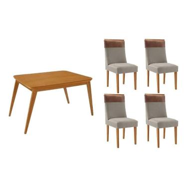 Imagem de Sala Jantar Mesa Havana Tampo Curvo 120cm+4 Cadeiras Jaspe Madeira Naturale - Capuccino/Suede Capuccino - Rufato
