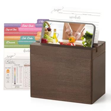 Imagem de Dahey Caixa organizadora de receitas de madeira com compartimentos duplos com 100 cartões de receitas e 6 divisórias, cartões de receita rústica e conjunto de caixa com suporte de telefone para