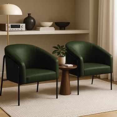 Imagem de Poltrona Sala Decorativa Kit 2 Stella Base Alta Tubo Preto Sintético Pu D03 - D'rossi Cor Verde