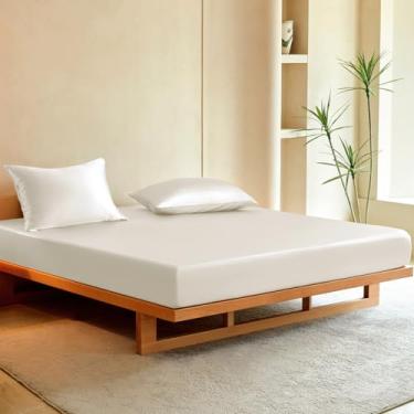 Imagem de THXSILK Jogo de cama King Size de seda, 3 peças, macio, respirável, com 1 lençol com elástico, 2 fronhas com fecho de zíper, refrescante para dormir quente, branco