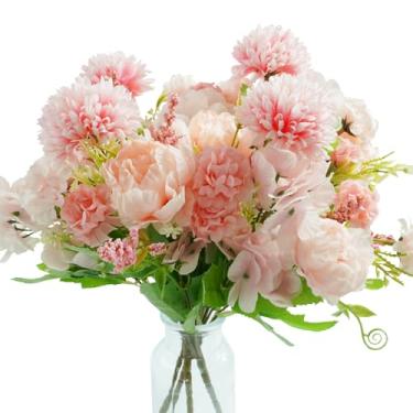 Imagem de Bairdish 4 pacotes de flores artificiais mistas rosa - peônias falsas mamães de seda e buquê de hortênsia para noivas, arranjos florais falsos para decoração de casa, mesa de centro, decoração de