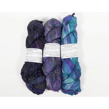 Imagem de Vintageandyou Fio de fita de seda Sari reciclado artesanal - 300 g (3 novelos de 100 g) | Tiras de seda recicladas feitas à mão para crochê, macramé, tecelagem, gancho de tapete e artesanato de mídia