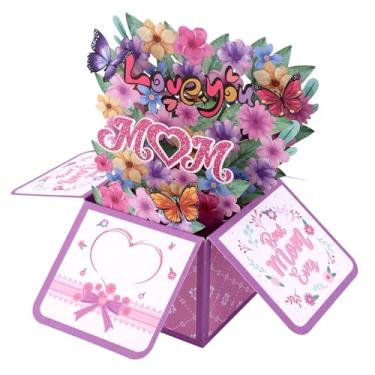 Imagem de Cartões Pop-Up Te Amo Mamãe Conjunto, Colorido Feliz Aniversário Cartões Pop-Up com Envelope e Miniaturas Papel Design de Flores e Borboletas para Querida Mãe
