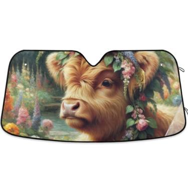 Imagem de Highland Cow Toldo de sol floral de animal fofo para para-brisas de carro, engraçado, dobrável, para janelas dianteiras, retrátil, S, 134,6 cm x 59,7 cm
