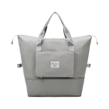 Imagem de Bolsa de Viagem Dobrável 40L, Resistente à Água, Compartimento Úmido/Seco, Cinza, com Alça para Fixação em Mala
