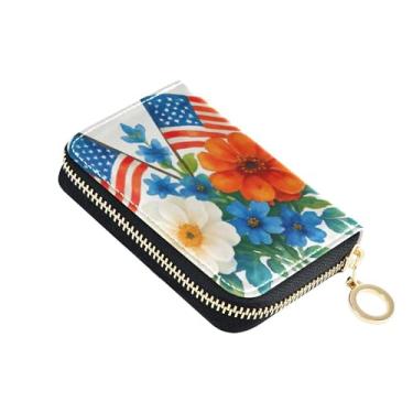 Imagem de Carteiras femininas pequenas com bloqueio de RFID, carteira de cartão de crédito com zíper e buquê de aquarela bandeira americana