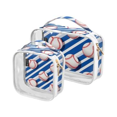 Imagem de GAIGEO Bolsa transparente de viagem com flores vermelhas, bolsas de cosméticos com zíper, bolsa de higiene para mulheres, transparente, pacote com 2, Listrado azul e beisebol, one size