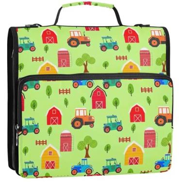 Imagem de Lindos tratores para fichários de 3,8 cm, 3 anéis, organizador de fichários com zíper, bolsa escolar com alça de ombro, portfólio e estojo para pasta de anel, 34,5 x 31,5 x 9 cm