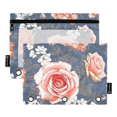 Imagem de Bolsa de lápis botânica rosa branca com zíper para fichário de 3 anéis, bolsas de lápis de 3 furos, material escolar para faculdade, pacote com 2