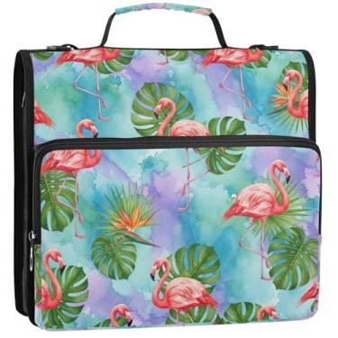 Imagem de Organizador de fichário fofo com zíper com 3 argolas de 3,8 cm, anel D, flamingos, portfólio, comporta 500 folhas, bolsa para fichário do ensino médio com alça, 34,5 x 31,5 x 9 cm