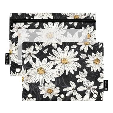 Imagem de Bolsa vintage com zíper para fichário de crisântemo branco, bolsa de lápis de 3 furos para fichário, escritório, pacote com 2