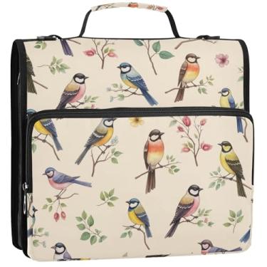 Imagem de Organizador de fichário com zíper, aquarela, pássaros coloridos, 3 anéis, 3,8 cm, bolsa para fichários escolares de negócios com alça de ombro, estojo portfólio de armazenamento com alça, 34,5 x 31,5