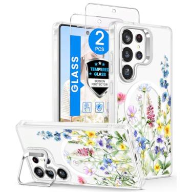 Imagem de Dretal Capa magnética para S26 Ultra floral, protetor de tela, suporte de anel de lente integrado, capa magnética fosca translúcida à prova de choque com estampa de flores para mulheres e meninas, S26