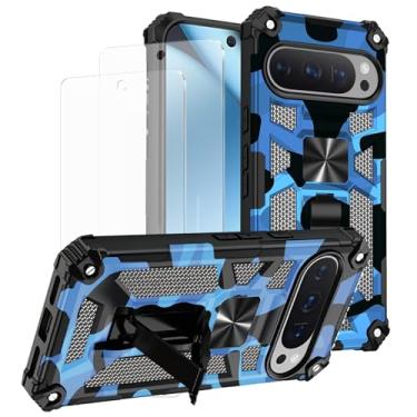 Imagem de Lokyoo Capa para Google Pixel 9/9 Pro/Google Pixel 10/10 Pro, com 2 protetores de tela de vidro temperado, grau militar, suporte com suporte magnético para carro, capa protetora para celular - azul
