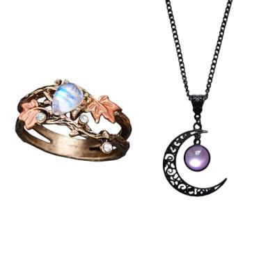 Imagem de VEHICAR Conjunto de 2 peças de joias para o dia dos namorados, anel vintage de folha de bordo, 1 peça, colares com pingente de lua de cristal gótico, 1 peça, presente exclusivo para namoradas e casais