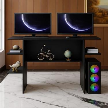 Imagem de Escrivaninha para Computador Gamer Multiuso com Nichos – Mesa Branca e Preta para Quarto, Estudo e Escritório(PRETO)