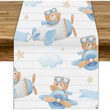 Imagem de Caminho de mesa de urso azul, desenho animado de urso de aventura fofo avião com estrelas estampadas para férias sazonais, cozinha, jantar, decoração de festa infantil, 33 x 178 cm