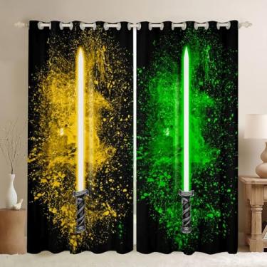 Imagem de Feelyou Cortinas de sabre de luz para meninas, meninos, decoração de casa, sabre de luz, bolso para varão, isolamento térmico, amarelo, verde, 2 painéis, cortinas escurecidas para quarto, sala de