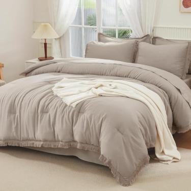 Imagem de Andency Conjunto de edredom King extragrande, trigo, 120 x 98-7 peças, boêmio, borla, macio, leve, conjunto de cama para todas as estações, com edredom, lençóis, fronhas e fronhas