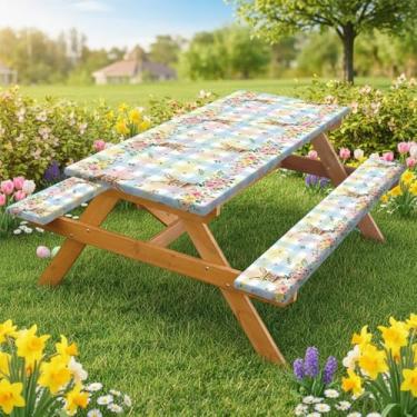 Imagem de Grtuspr Toalha de mesa de piquenique de páscoa com capas de banco, toalha de mesa de piquenique com flores de coelho, xadrez, búfalo e rosa, elástica, resistente à água, resistente à água, à prova de