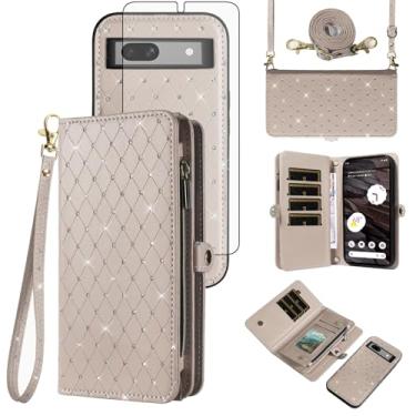Imagem de Asuwish Capa de celular para Google Pixel 7A 5G 2023 com zíper carteira destacável com protetor de tela de vidro temperado alça transversal alça flip glitter porta-cartão slot Pixel7A A7 mulheres