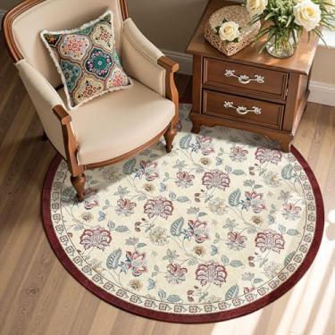 Imagem de jinchan Tapete redondo de 1,2 m, boho floral, vintage, envelhecido, lavável, antiderrapante, camada baixa, design fino e macio para cozinha, sala de estar, banheiro, quarto infantil, entrada, quarto