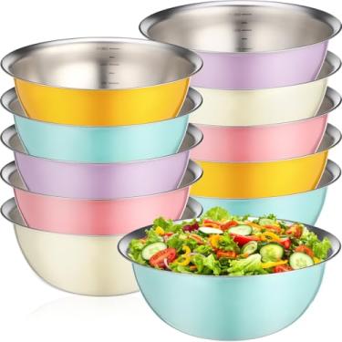 Imagem de Yiyiring 10 tigelas de aço inoxidável tigelas de salada de metal com graduações reutilizáveis recipientes de alimentos para assar tigela de acampamento para sorvete, salada, sopa, assar, molhos (8,9 x