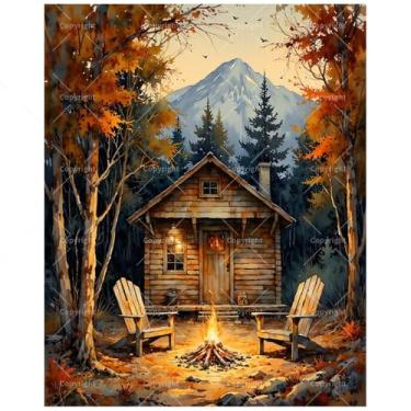 Imagem de Kit de pintura de cabine aconchegante por números para adultos – Casa de campo de madeira DIY com fogueira e pintura de vista da montanha em tela 40,6 x 50 cm, conjunto de tinta acrílica para