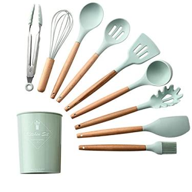 Imagem de Conjunto de 9 utensílios cozinha Silicone com cabo madeira Panelas antiaderentes Gadgets Resistente à calor BPA Free Fácil limpar Ferramentas gancho