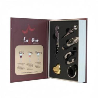 Imagem de Kit Vinho Premium "Eu & Você Somos Perfeitos" com 5 Peças em Aço Inoxidável, Estojo Decorativo MDF Formato Livro, Saca-Rolhas e Acessórios