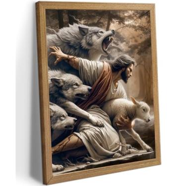 Imagem de Arte de parede em tela emoldurada Jesus e Cordeiro Jesus Salva o Cordeiro Perdido Decoração de parede God Protect A Sheep From Wolves Painting Print Christian Poster Arte para Sala de Estar Quarto