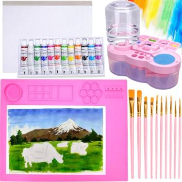 Imagem de Estação de pintura, limpador de pincel, tapete de pintura de silicone de 50 x 40 cm, tinta acrílica de 12 cores, 10 pincéis e 10 kits de materiais de pintura de papel texturizado para artistas