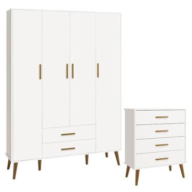 Imagem de Cômoda Gaveteiro E Guarda Roupa Infantil 4 Portas Isis Branco Acetinado - Reller
