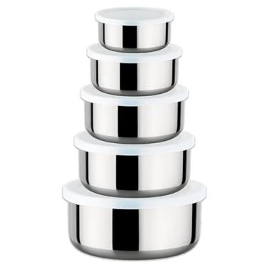 Imagem de Conjunto de Potes Bowls em Aço Inox com Tampa, Kit 5 Peças Empilháveis, Ideal para Armazenar, Preparar e Servir Alimentos, Cozinha e Marmita