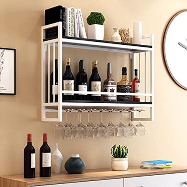 Imagem de Suportes de vinho para pendurar na parede para taças de vinho champanhe e taças suporte de metal e madeira, suportes de vinho para exibição de armazenamento de garrafas de vinho e óculos, moldura de