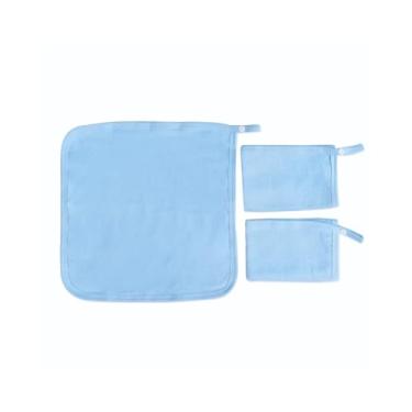 Imagem de Kit Pano de Boca Bebê em Malha, 3 Peças, 100% Algodão, 30x30cm, com Prendedor de Chupeta (Diversas Cores) (Azul)