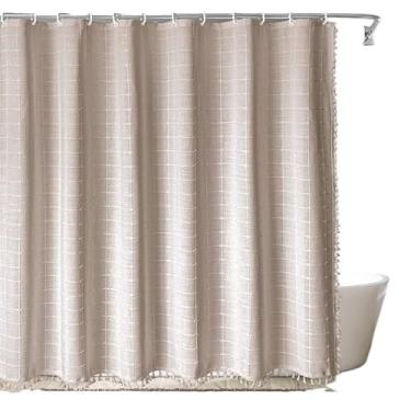 Imagem de Cortina de chuveiro boho de tecido texturizado de linho com borlas, cortina de banho de padrão geométrico pesado, impermeável e opaca, inclui ganchos, 182 x 182 cm, branco/bege/café (café)
