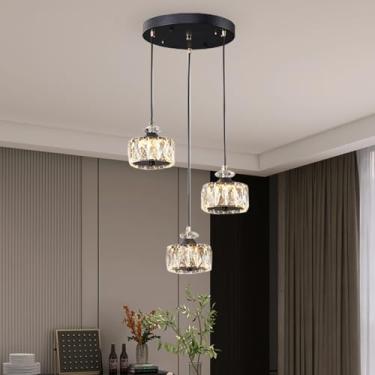 Imagem de Luminária pendente moderna de cristal K9 com LED, para mesa de jantar, com controle remoto, 3 cores de luz, dimerizável, lustre com altura ajustável, ideal para sala de estar, cozinha, ilha