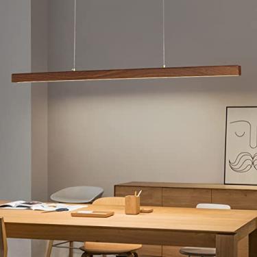 Imagem de Luminária pendente de madeira com LED, design linear moderno e dimerizável, com controle remoto. Ideal para mesa de jantar, escritório e sala de jantar, com altura ajustável (cor nogueira, 1
