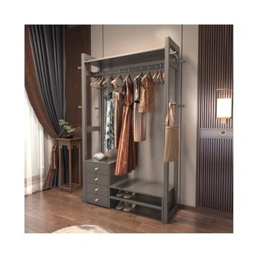 Imagem de KEG801302 Cabide de madeira maciça para corredor, sapateira, quarto, sapateira, sala de estar, cabideiro, com gaveta, multifuncional, novo estilo chinês, suporte para chapéu (cinza)