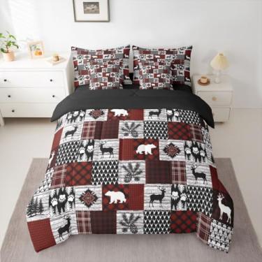 Imagem de Feelyou Conjunto de edredom queen rústico com 7 peças, casa de fazenda, urso, veado, decoração de quarto de chalé, vermelho, macio e leve