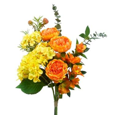 Imagem de Falorbale Buquê de flores artificiais – mistura de peônia e eucalipto de seda falsa, arranjos de flores artificiais para casa, decoração de escritório e mesa de jantar (amarelo e laranja)