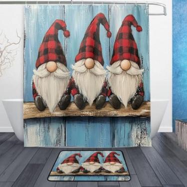 Imagem de xigua Gnomos de Natal fofos conjuntos de tapetes de cortina de banho 2 peças, conjunto de tema de banheiro (152 x 182 cm) com cortina de chuveiro e tapete antiderrapante -12 ganchos448