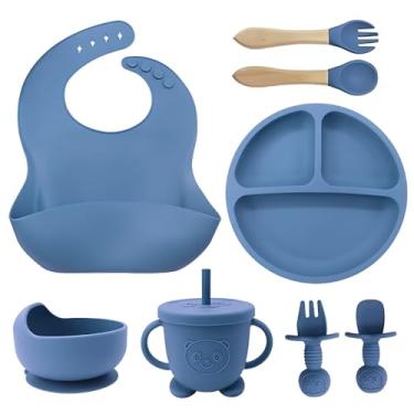 Imagem de Peças Talheres de Silicone para Bebê com Ventosa – Prato, Tigela, Copo, Colher, Garfo, Babador Infantil (8 pcs/Azul escuro)