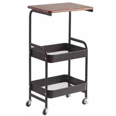 Imagem de Carrinho de armazenamento de metal de 3 camadas com tampo de madeira, carrinho de rodinhas multifuncional para escritório, casa e sala de aula, rodas bloqueáveis, carrinho de mão preto para facilitar